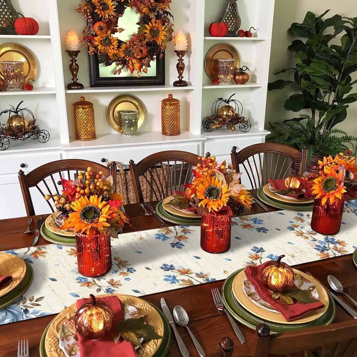 fall-navy-blue-pumpkins-table-runner-36-inch-long-thanksgiving-maple-leaves-kitchen-dining-table-runner-dresser-scarves-rustic-white-orange-pumpkin-decor-for-coffee-table-party-banquet