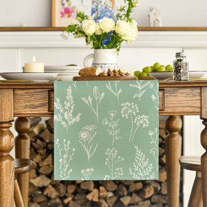 Sage Green Leaves Flowers Spring Table Runner, Seasonal Kitchen Dining Table Decoration for Home Party Decor 13X72 Inch2