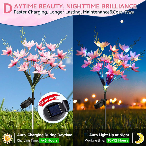 Solar Flowers Outdoor Waterproof IP65, 5-Head Snow Lotus with 20+ Flowers, 4-Color Light & 2 Lighting Modes, Decorative Solar Lights Outdoor Garden, Yard, Pathway, Flower Bed (6-Pack, Pink)4