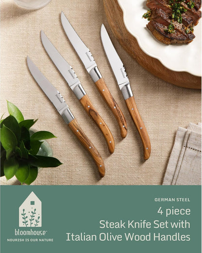 Bloomhouse Steak Knives Set - 4-Piece German Stainless Steel Steak Knife Set – 2 Time Oprah'S Favorite Things Brand - Premium Olive Wood Handle Steak Knives, Full-Tang Blades for Dining2