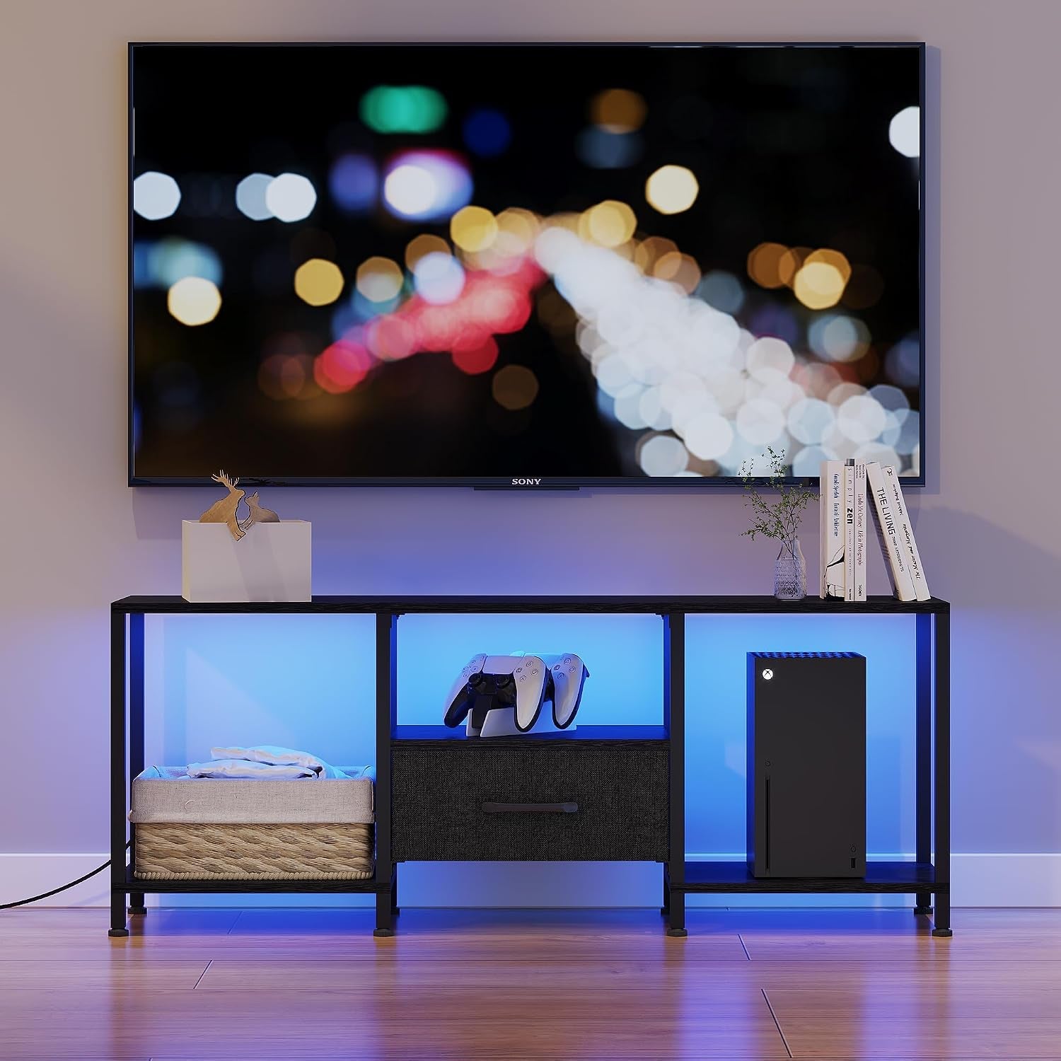 tv-stand-with-led-lights-entertainment-center-with-open-shelves-and-fabric-drawer-media-console-for-55-inch-tv-television-stands-for-living-room-bedroom-black