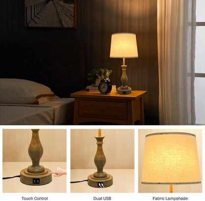 Farmhouse Table Lamp Touch Control 3-Way Dimmable Table Lamp, Modern Nightstand Lamp with 2 USB Port Bedside Desk Lamp with Fabric Shade for Living Room (Pack 1-Beige Shade & Touch)4
