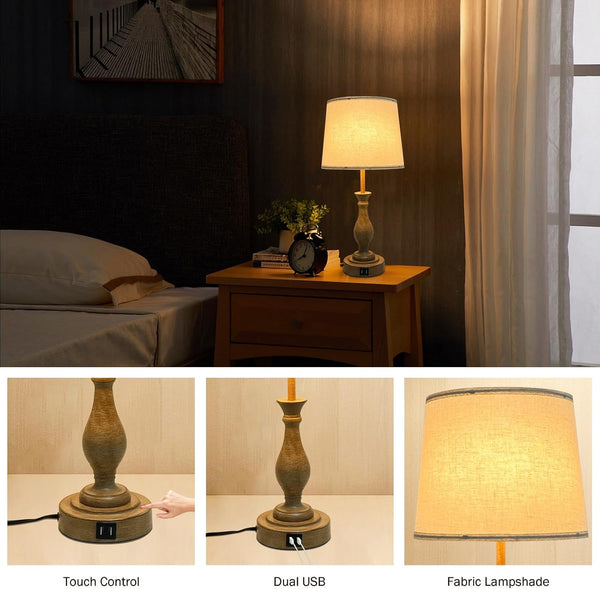 Farmhouse Table Lamp Touch Control 3-Way Dimmable Table Lamp, Modern Nightstand Lamp with 2 USB Port Bedside Desk Lamp with Fabric Shade for Living Room (Pack 1-Beige Shade & Touch)4