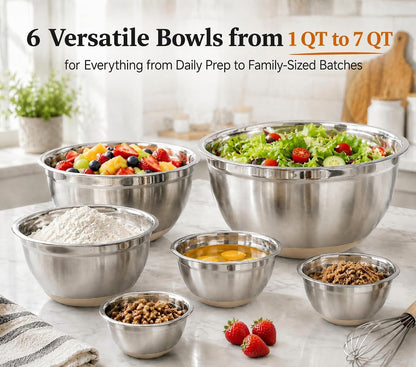 7QT 30PCS Mixing Bowls with Lids Set, 7QT to 1QT Stainless Steel Nesting Bowls with Graters, Non-Slip Silicone Bottom, Large Khaki Bowls & 21 Measuring Cups and Spoons Set Kitchen Appliances3