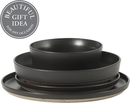 Overbrook 16-Piece Pottery Clay Stoneware Dinnerware Set – Black Reactive Glaze, Stackable Plates and Bowls W/Pasta Bowl, Service for 4 – Microwave & Dishwasher Safe5