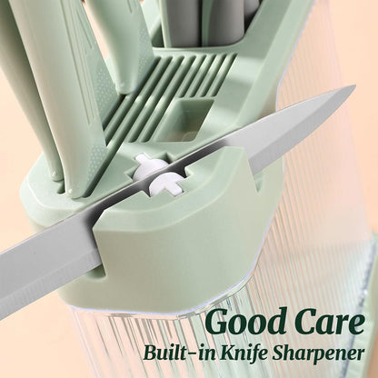Kitchen Utensils Set and Knife Set with Acrylic Block, 17 Pieces Silicone Utensils Set for Cooking, Stainless Steel Knife Set with Built-In Sharpener, Scissors Spatula Turner (Green)8
