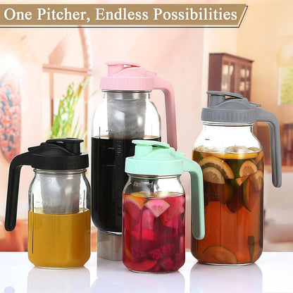 64Oz(2 Quart) Mason Jar Pitcher, Glass Pitcher with Lid for Cold Brew | Airtight, Leakproof, Pour Spout Lid, Ergonomic Handle, Wide Mouth, Thick Glass, Fridge & Dishwasher Safe, for Sun & Iced Tea8