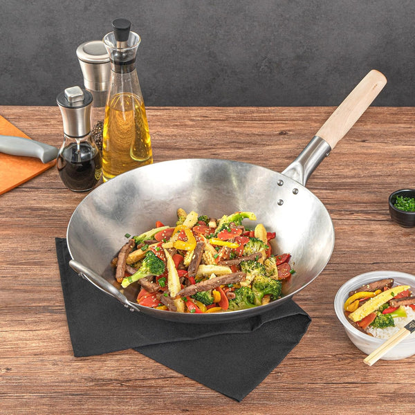 Carbon Steel Wok 1 Pack of 14 Inch Heavy-Duty Stir Fry Pan Silver Hand Hammered Wok Efficient Maneuvering Steel Helper Handle Uniform Heat Distribution Asian Cooking4