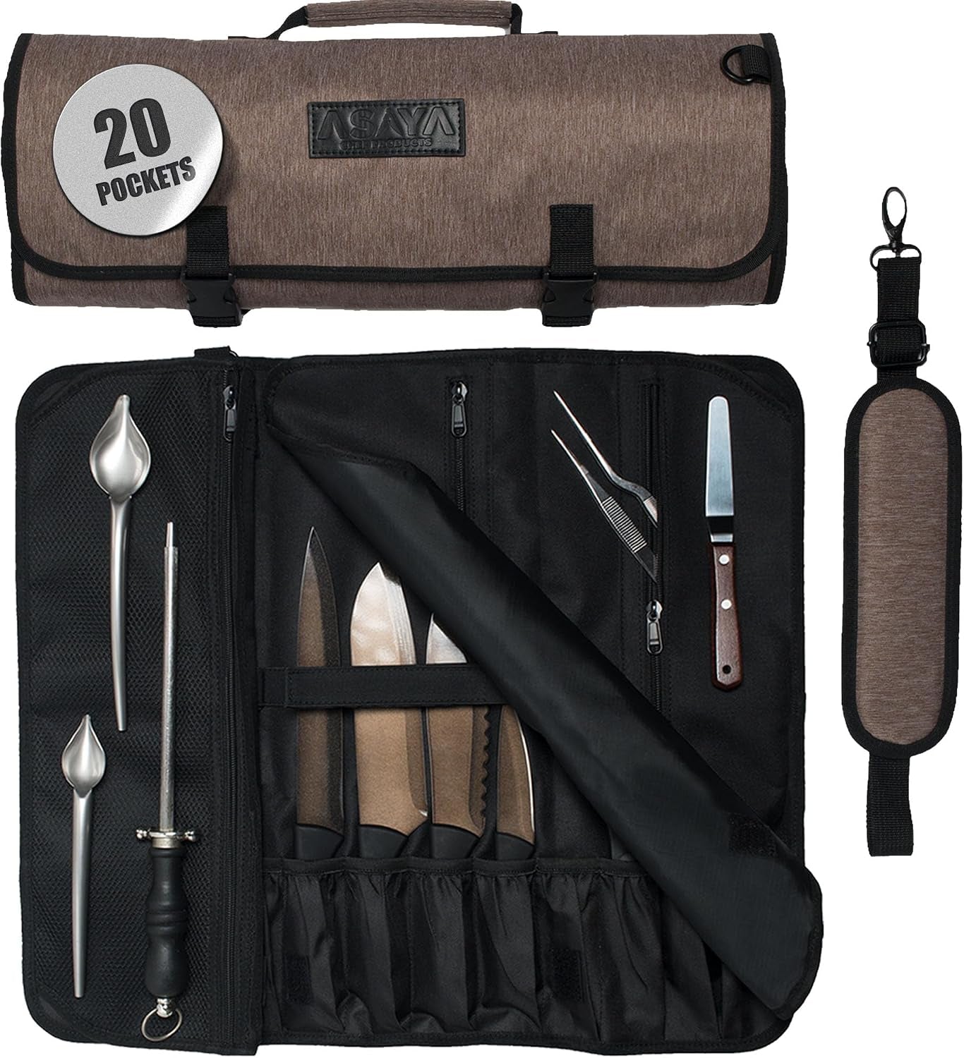 waxed-nylon-chef-knife-roll-bag-with-20-slots-and-zippered-pockets-professional-chef-knife-bag-storage-case-tool-carrier-with-shoulder-strap-knives-not-included-brown