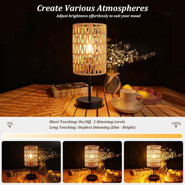 Rechargeable Outdoor Table Lamps, Rattan Boho Cordless Battery Operated Table Lamps, Patio Lamp for Living Room, Balcony, Bedside Decor- Set of 2 (Beige)4