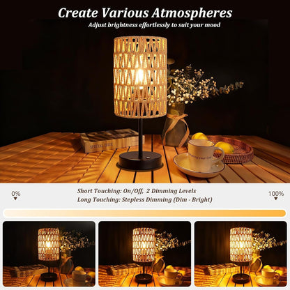 Rechargeable Outdoor Table Lamps, Rattan Boho Cordless Battery Operated Table Lamps, Patio Lamp for Living Room, Balcony, Bedside Decor- Set of 2 (Beige)4