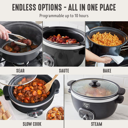 6QT Ceramic Nonstick Slow Cooker, Cooktop/Oven Safe, Black | Pfas-Free Nonstick Removeable Inner Pot, Dishwasher Safe Components, Programmable, Keep Warm, Delay Timer, Family Sized6