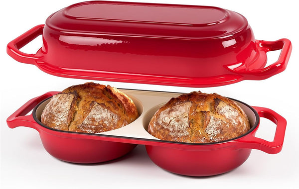 Mini Double Dutch Oven for Sourdough Bread Baking | Enameled Cast Iron, 500°F Oven Safe, 2.2QT Double round Loaf Pan for Homemade Baking, 15.5Cm Diameter, Red1
