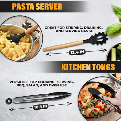 14 Pcs Kitchen Utensils Set with Holder, Beech Handles (Black)7