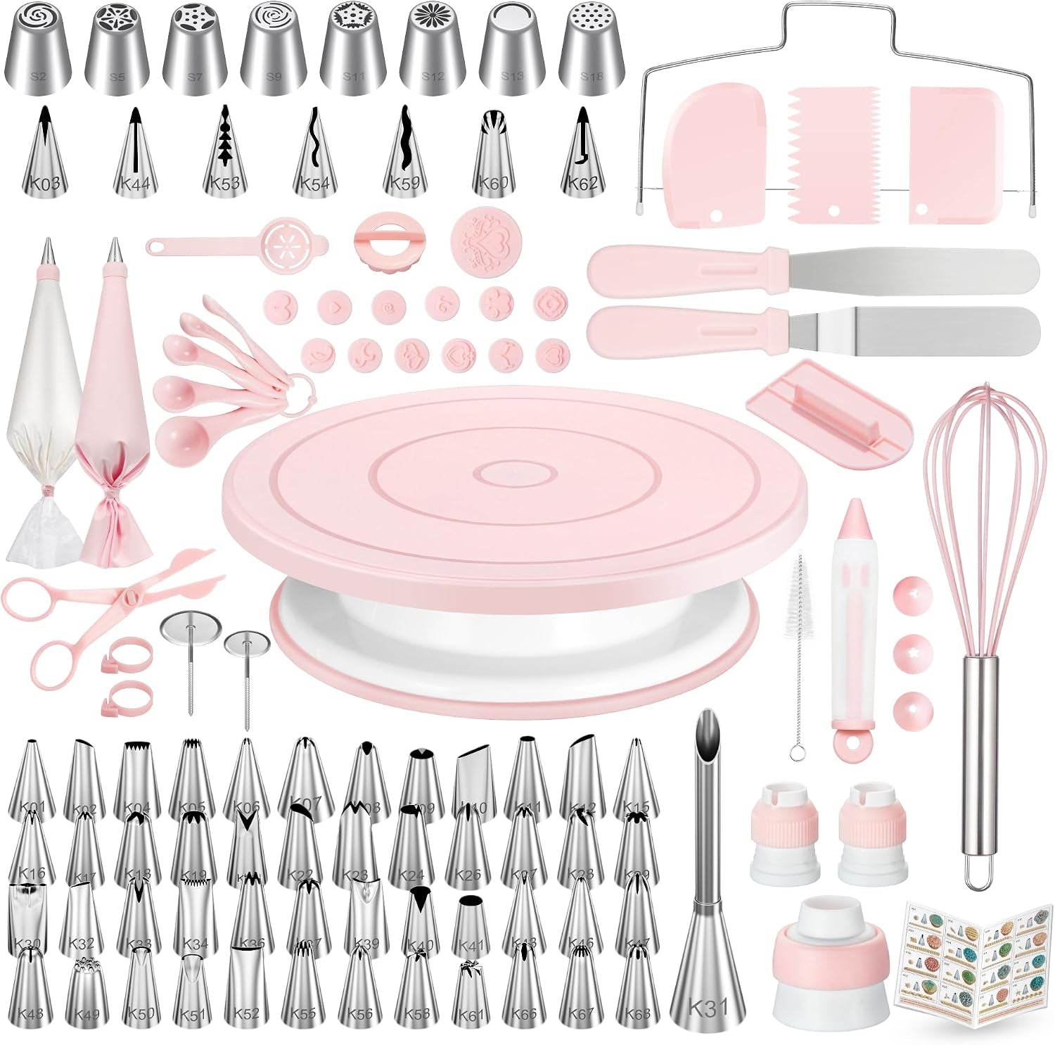 158-cake-decorating-kit-baking-supplies-tools-for-beginners-pros-cake-stand-turntable-icing-piping-tips-disposable-reusable-pastry-bag-spatulas-video-tutorial-pattern-chart