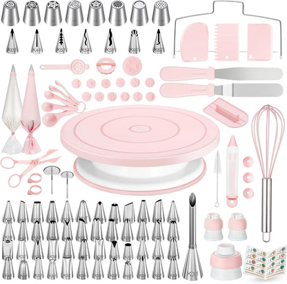 158 Cake Decorating Kit Baking Supplies Tools for Beginners & Pros | Cake Stand Turntable, Icing Piping Tips, Disposable Reusable Pastry Bag, Spatulas, Video Tutorial, Pattern Chart1