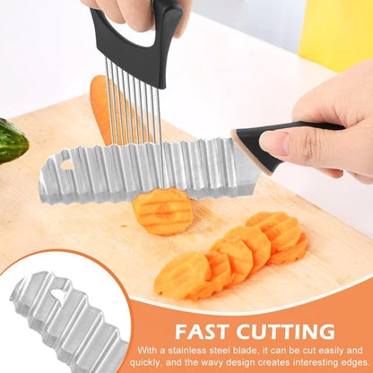 Crinkle Cutter with Onion Holder for Slicing and P-Type Peeler, Stainless Steel Wavy Slicer with Handle, Crinkle Cutter for Veggies, Potatoes(Set of 3)4