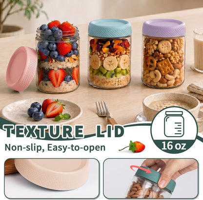 Mason Jars, 16 Oz Overnight Oats Containers with Lids, Glass Jar with Lid | 6 Pack Wide Mouth Glass Mason Jars with Airtight Lids, Overnight Oats Jars for Yogurt, Meal Prep, Chia Pudding, Storage, Home2