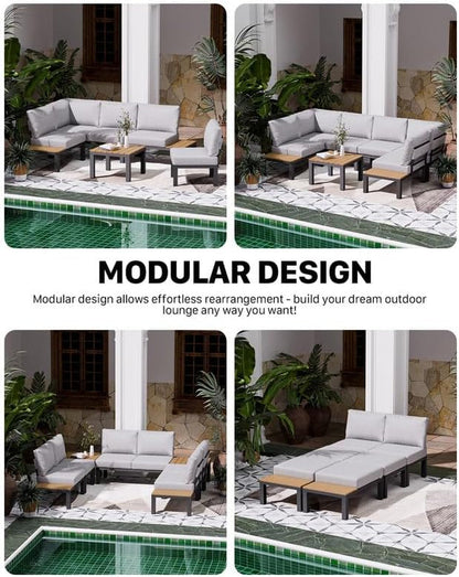 7 Pieces Aluminum Outdoor Patio Furniture Set, Movable Backrest Modular Sectional Sofa Set, Metal Conversation Set with 4-Inch Thick Cushion for Garden Backyard Porch, Grey4