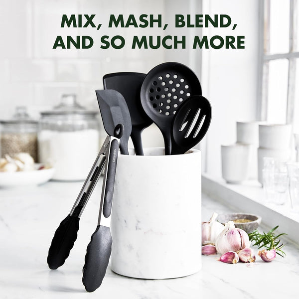 5 Piece Cooking Utensil Set, Flexible Nonstick Silicone, Stain-Free, Tongs, Turner, Spatula, Skimmer, and Slotted Spoon, Black9