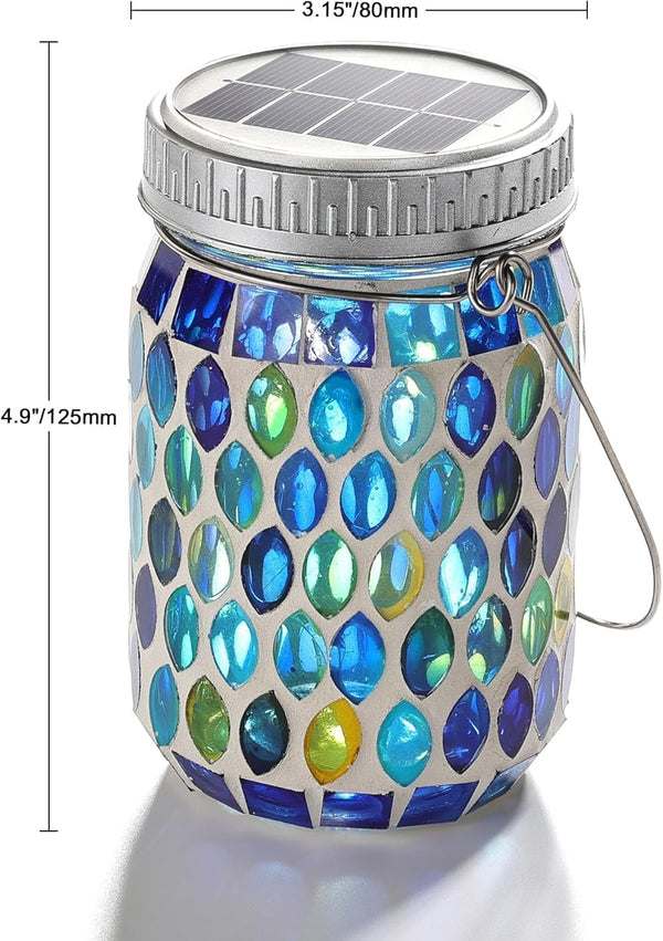 2 Pack Mosaic Lanterns Outdoor Waterproof with 215% Larger Solar Panel, Never Rust Lids, True Capacity Battery- Solar Mason Mosaics Jar Lantern for Patio Garden Yard Balcony Christmas Decorations2
