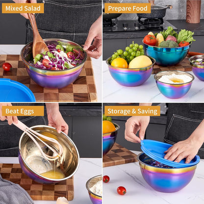 Rainbow Mixing Bowls with Airtight Lids,Stainless Steel Bowl,Salad Bowls 4 Piece Colorful Nesting Bowl Rainbow Kitchen Accessories,Size 5.5,3.6,2.1,1.5 QT Stackable Design4