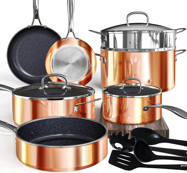 Deluxe  14PC Healthy Pots and Pan with 9H Anti-Scratch Coating, 2-Layer Non-Stick Ceramic&Pfas Free, Sensitively&Evenly Induction Cooking, Enhanced Flavor with Infrared Cookware, Dishwasher Safe1
