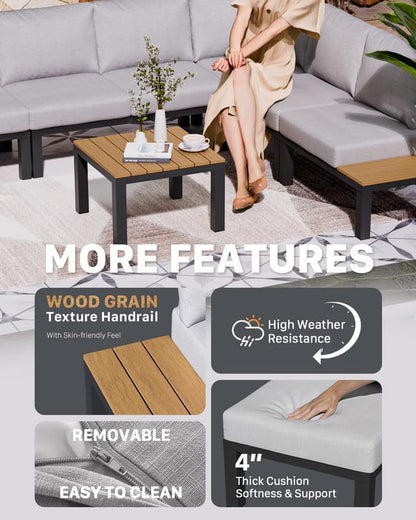 7 Pieces Aluminum Outdoor Patio Furniture Set, Movable Backrest Modular Sectional Sofa Set, Metal Conversation Set with 4-Inch Thick Cushion for Garden Backyard Porch, Grey5