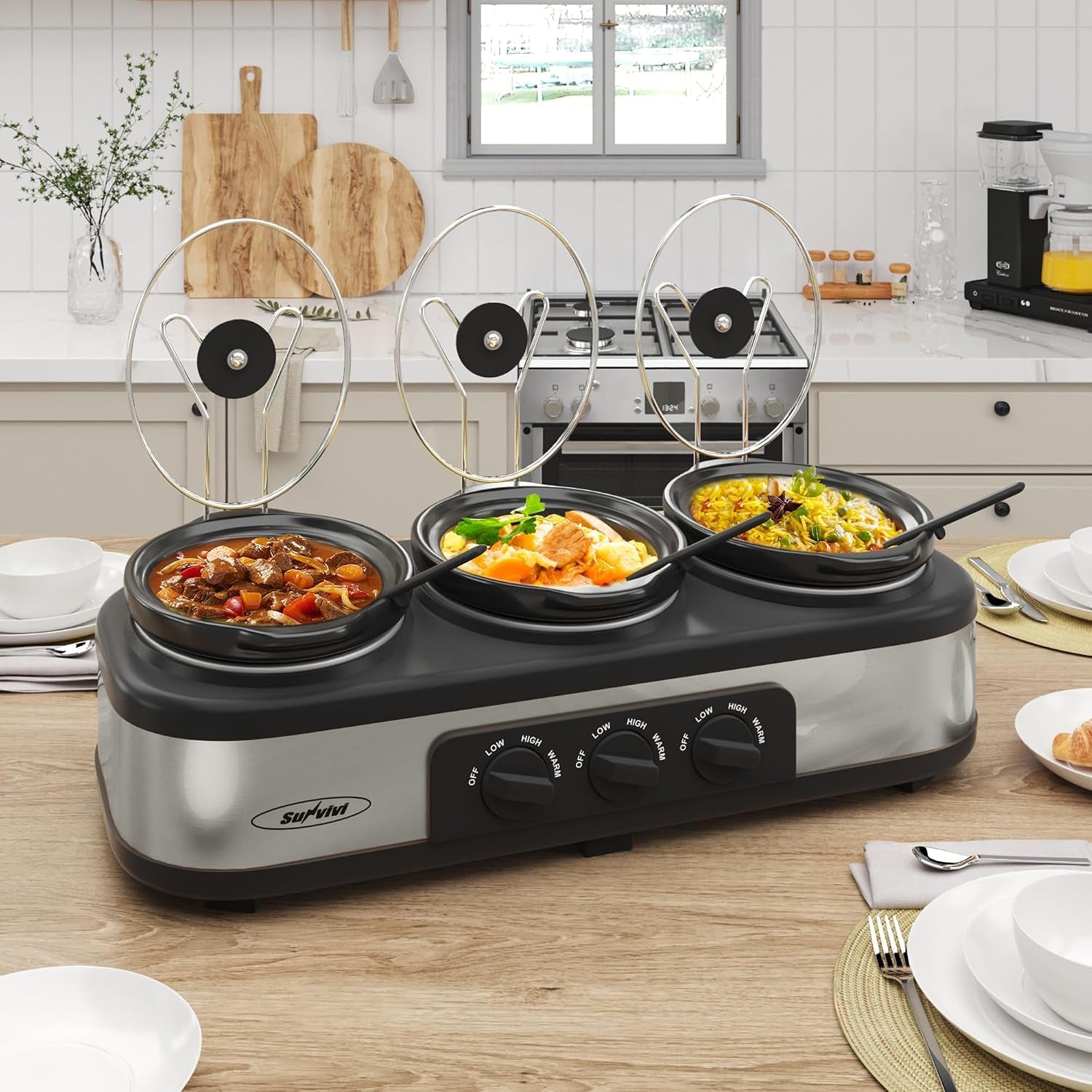 triple-slow-cooker-buffet-server-warmer-with-3-removable-ceramic-pots-3-adjustable-temp-settings-3-metal-lid-rests-stainless-steel-3-1-5-quarts-silver