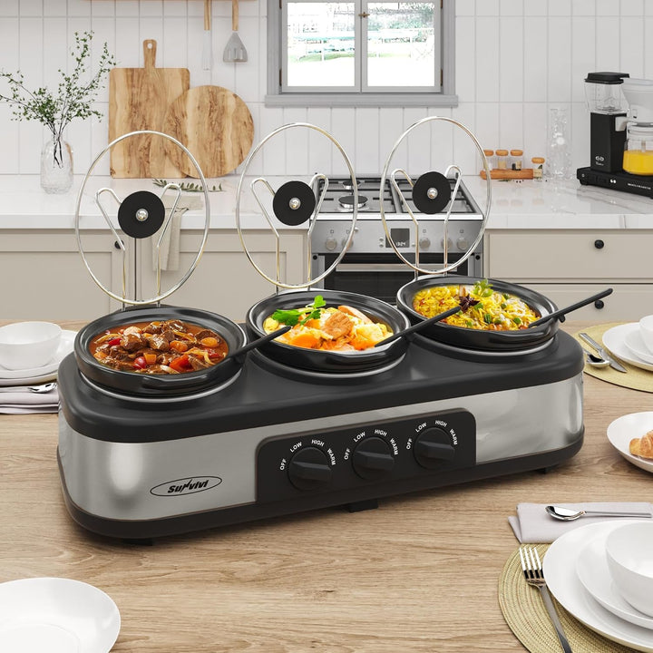 Triple Slow Cooker, Buffet Server & Warmer with 3 Removable Ceramic Pots, 3 Adjustable Temp Settings & 3 Metal Lid Rests, Stainless Steel, 3 * 1.5 Quarts Silver