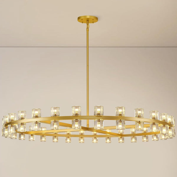 Modern 60 Inch Gold round Chandelier, Extra Large Chandeliers Crystal Chandeliers for Living Room, Large Wagon Wheel Chandelier for Foyer, Staircase, Entrance,Includes Bulb1