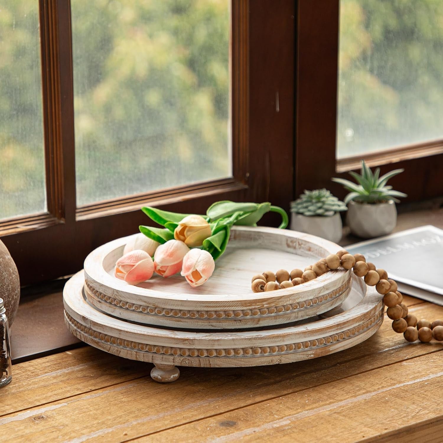 2-piece-whitewashed-wooden-serving-tray-set-with-beaded-design-farmhouse-centerpiece-table-decorations-round-coffee-table-tray-for-living-room-home-decor-ottoman-tray-decor-for-rustic-styles