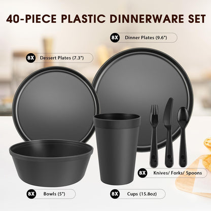 40 Piece Plastic Dinnerware Set for 8 with Cutlery, Unbreakable Plates and Bowls Set, Dishwasher & Microwave Safe Reusable Dish Set for Camping, RV, Outdoor Kitchen, Apartment Dining, Black2