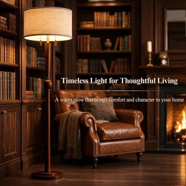 Solid Wood Floor Lamp for Living Room with Wooden Pull Chains | 62.8" Tall,Sculptural Wood Base & Stem,17" Linen Drum Shade,2-Light Standing Lamp for Bedroom & Reading Corner,Bulbs Included2