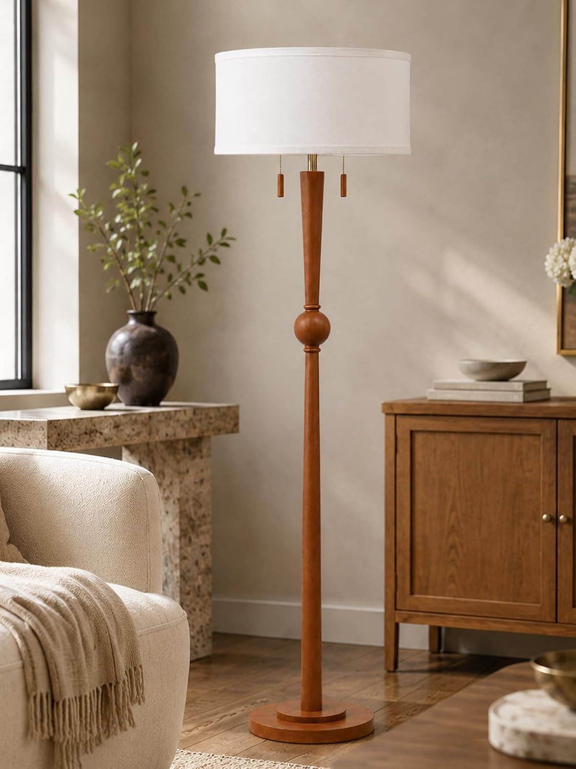 solid-wood-floor-lamp-for-living-room-pull-chains-standing-lamp-62-8-tall-17-white-drum-shade-sculptural-wood-base-stem-2-light-design-standing-lamp-for-bedroom-2-bulbs-included