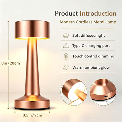 Portable LED Table Lamp, 3-Levels Brightness Metal Desk Lamp,3 Color Touch Control Rechargeable Lamp, Ideal Bedside Lamp for Nightstand,Bedroom, Living Room (Rose Gold)2