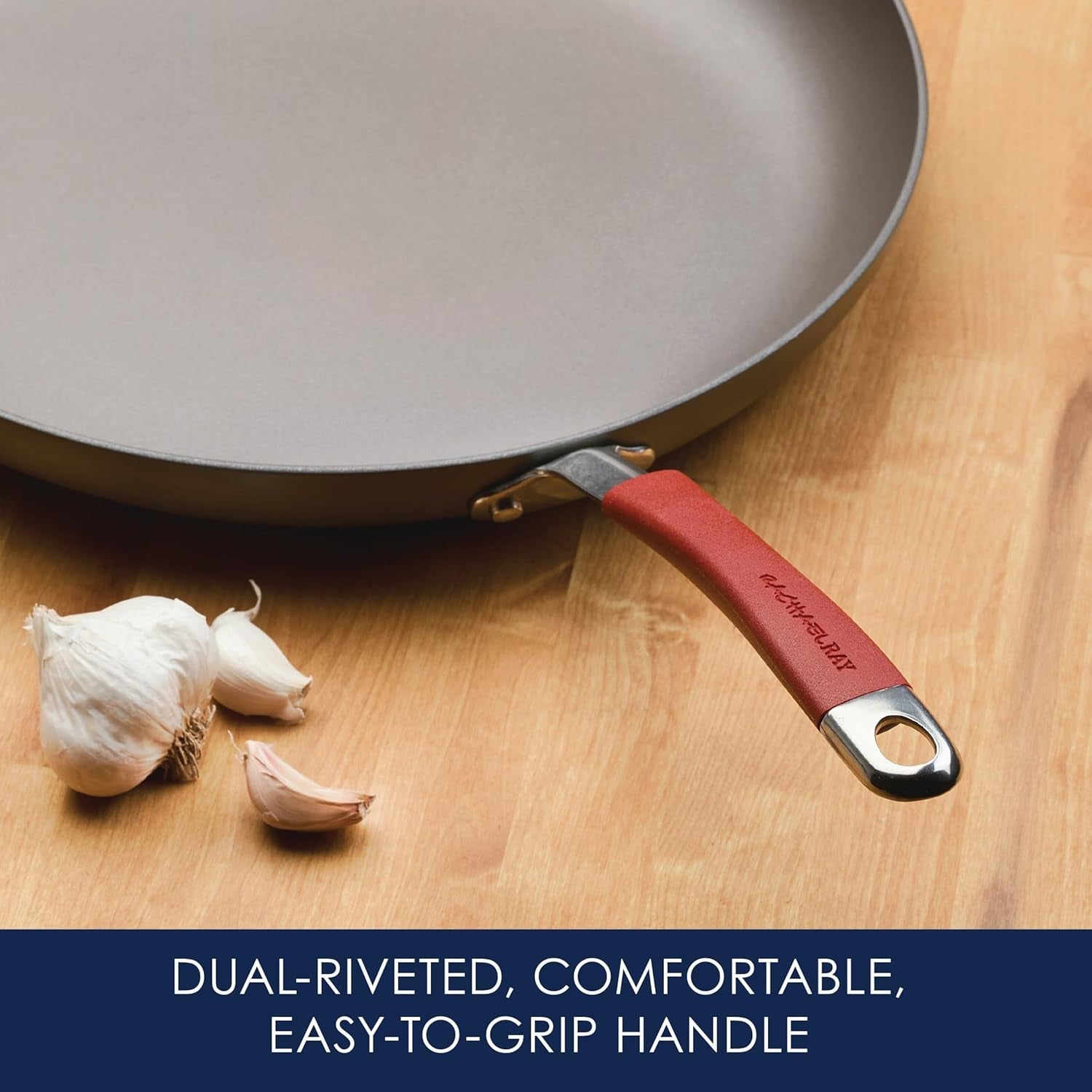 cucina-hard-anodized-nonstick-frying-pan-gray-with-cranberry-red-handles-14-inch-pan