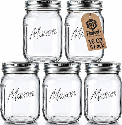 16 Oz Mason Jars with Lids, Regular Mouth, 5 Pack | 16 Oz Glass Jars with Lids and Seal Bands, Mason Jars 16 Oz, Pint Mason Jars, Airtight Canning Jars for Pickling and Oats1