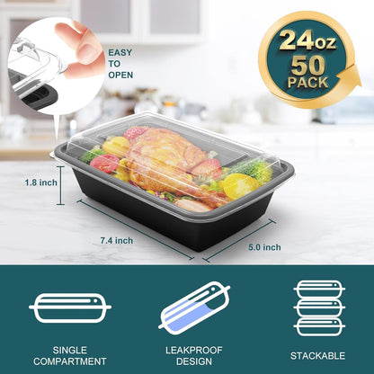 Meal Prep Containers, 50 Pack Extra-Thick Food Storage Containers with Lids, Disposable & Reusable Plastic Bento Lunch Box, BPA Free, Stackable, Microwave/Dishwasher/Freezer Safe (24 Oz)2