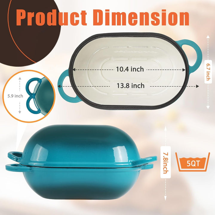 5 QT Enameled Cast Iron Sourdough Bread Oven, Loaf Pan with Lid | Oval Dutch Oven for Homemade Sourdough Bread Baking, Oven Safe up to 500°F, Meatloaf Pan with Dome Lid, Blue-Green+2