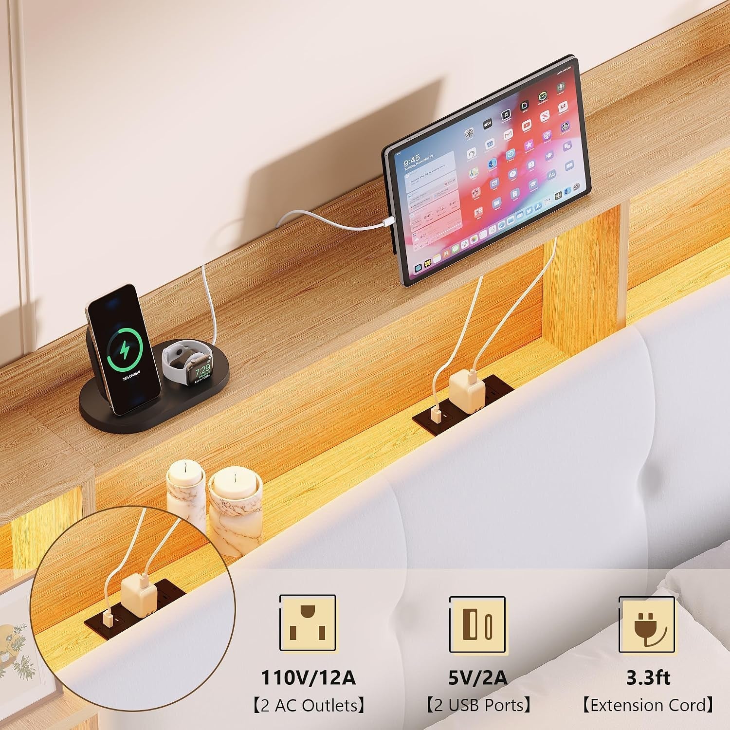 queen-size-bed-frame-with-storage-upholstered-headboard-2-fabric-drawers-charging-station-rgb-led-lights-metal-platform-bed-no-box-spring-needed-natural