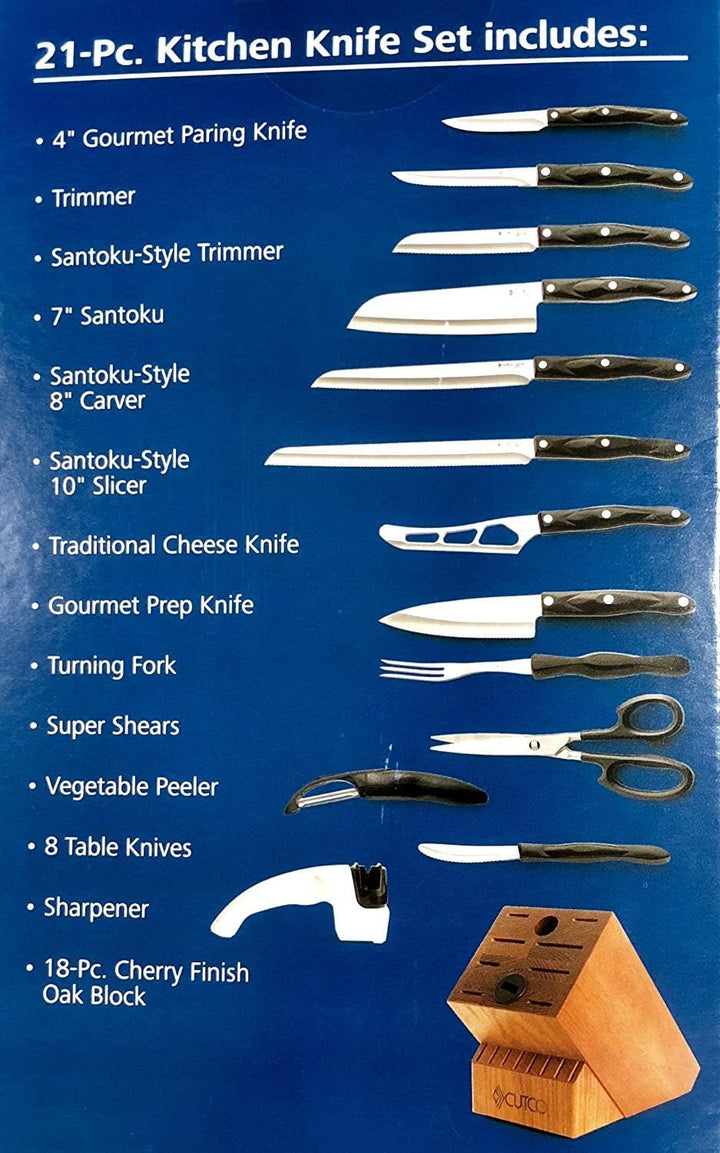 21 Piece Kitchen Set with Cherry Finish Oak Block, 8 Table Knives, Paring, Trimmers, Santoku Chopper Chef Knife, Carver, Slicer, Cheese Knife, Turning Fork, Shears, Peeler, Sharpener+2