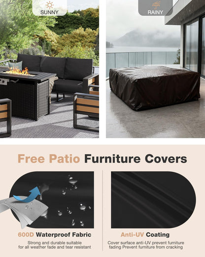 Aluminum Patio Furniture Set with Fire Pit Table, 5 Piece Luxury Outdoor Sectional with 6" Olefin Fabric Cushions, Patio Conversation Sets with Waterproof Cover for Backyard, Porch Dark Grey9