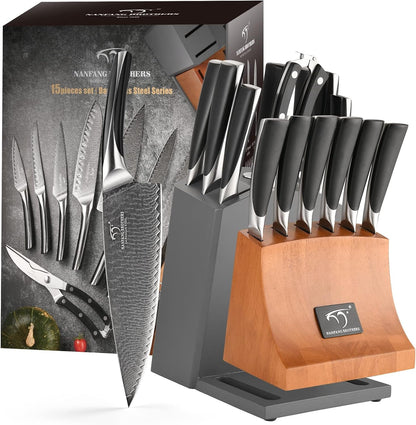 15-Pc Damascus Knife Set VG10 Steel Block | 15-Piece Set with VG10 Steel Core, 67-Layer Damascus, Hrc60+ Razor Edge, Abs Ergonomic Handles, Shears & Sharpener Included6