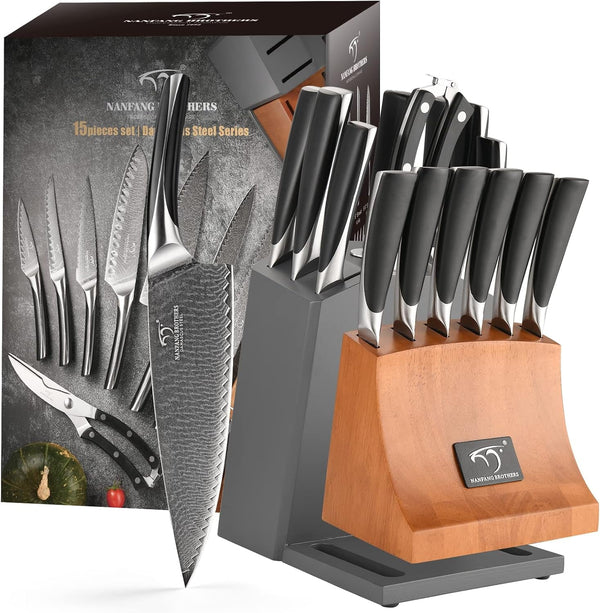 15-Pc Damascus Knife Set VG10 Steel Block | 15-Piece Set with VG10 Steel Core, 67-Layer Damascus, Hrc60+ Razor Edge, Abs Ergonomic Handles, Shears & Sharpener Included6