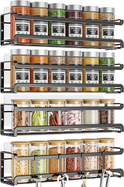 Spice Rack Wall Mounted 4 Pack, for Spice Jars & Seasonings,Black | 4 Removalble Hooks,Screw or Adhesive Hanging, Space-Saving,For Kitchen Cabinet, Pantry Door,Stove,Rv Use,11.41X2.75X2.75In1