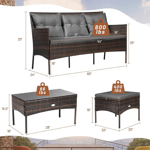 3 Pieces Patio Furniture Sectional Set, Rattan Wicker Conversation Set W/ 5 Cozy Seat & Back Cushions, Tempered Glass Coffee Table for Poolside, Balcony, Backyard Outdoor Furniture (Gray)3