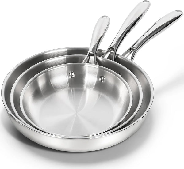 18/10 Stainless Steel Frying Pan Set, 8" / 9.5" / 11" Cooking Pans, Triply Base Stainless Steel Pan Set with Ergonomic Handle, Induction Compatible | 18/10 Stainless Steel Frying Pan Set with 3 Sizes and Triply Base for Even Heating, Versatile Everyday Cooking1