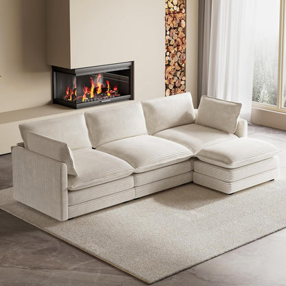 104'' Modular Sectional Cloud Couch with Movable Ottoman, 4 Seat Modern Corduroy Sofa, Deep Seat L Shaped Couch for Living Room Bedroom Apartment, Beige2