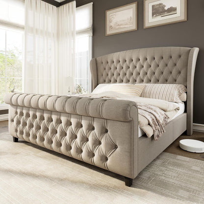 King Size Upholstered Sleigh Platform Bed Frame with Headboard1